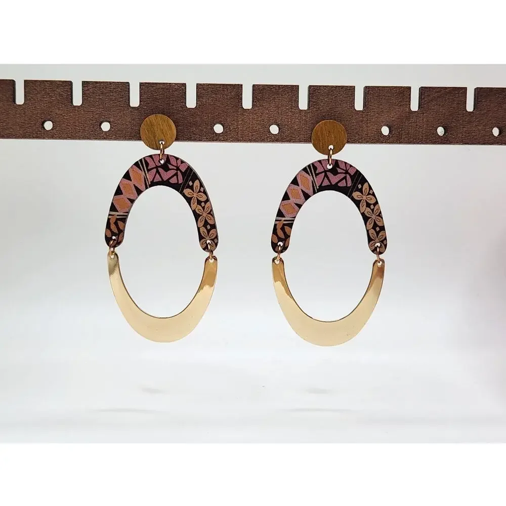 Boho Oval Geometric Wood and Gold Tone Metal Mixed Media Dangle Earrings